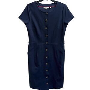 Boden Beatrice Ponte Sheath Dress Button Front Short Slv *No Belt* Sz 8 Navy